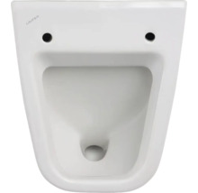 Draufsicht auf ein spülrandloses Wand-WC aus Keramik von Laufen mit Löchern für die Sitzbefestigung.