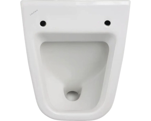 Draufsicht auf ein spülrandloses Wand-WC aus Keramik von Laufen mit Löchern für die Sitzbefestigung.
