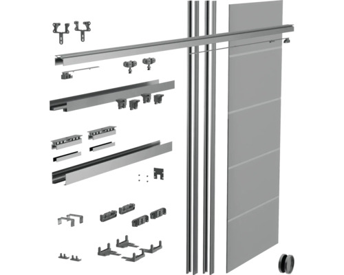 Schiebetürsystem-Set mit Metallschienen, Montagematerial, Rollen und einem grauen Türblatt.