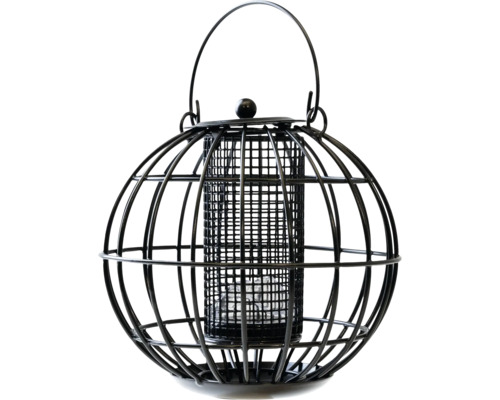 Hängende schwarze Vogelfutterstation aus Metall mit kugelförmigem Schutzkorb und Maschenzylinder für Meisenknödel.
