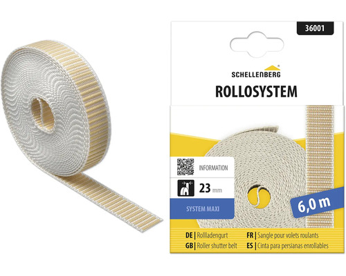 Schellenberg Rollladengurt Maxi, Breite 23 Millimeter, Länge 6 Meter, beige-weiß gestreiftes Gewebe.