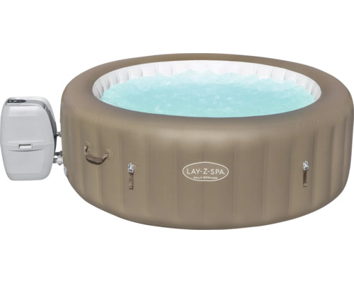 Aufblasbarer Whirlpool Lay-Z-Spa Palm Springs von Bestway in Beige mit weißer Innenwand und externer Pumpe.