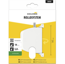 Weißer Schellenberg Aufschraubwickler 180 Grad für Rollladen, System Mini, 14 Millimeter Gurtbreite, 5,0 Meter Gurtlänge, 145 Millimeter Höhe.