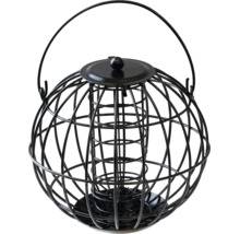 Schwarze kugelförmige Futtersäule aus Metall zum Aufhängen für Wildvögel.