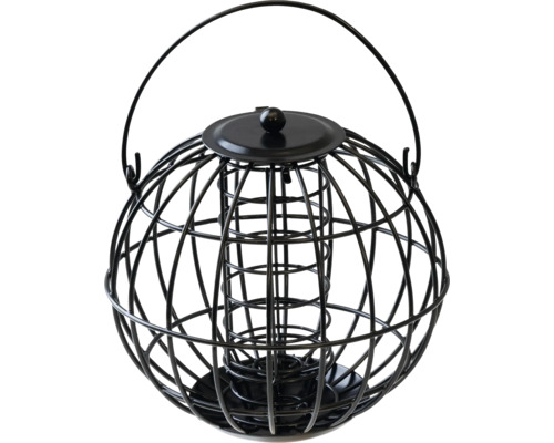 Schwarze kugelförmige Futtersäule aus Metall zum Aufhängen für Wildvögel.