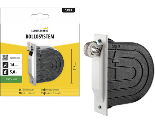 Schellenberg Einlasswickler Mini für Rollladen, Gurt 14 Millimeter, Länge 5 Meter, Lochabstand 118 Millimeter.