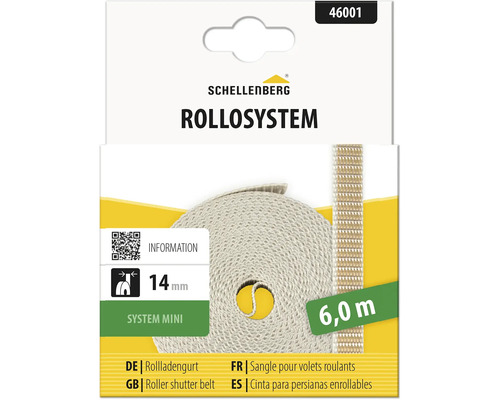 Grauer Schellenberg Rolladengurt System Mini, gewebtes Band, 14 Millimeter breit, 6 Meter lang.