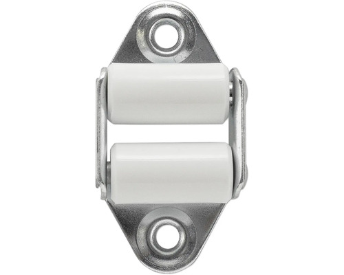 Doppelrollen-Schnäpper aus Metall mit zwei weißen Kunststoffrollen und Montagebohrungen.