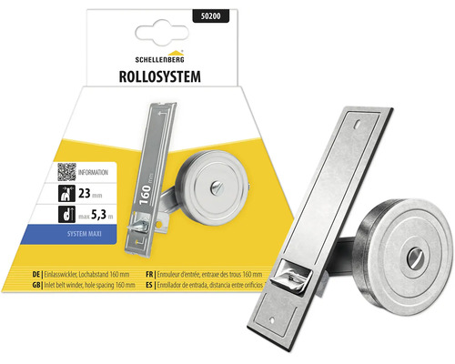 Schellenberg Einlasswickler für Rollosystem Maxi mit Lochabstand 160 Millimeter und Gurtbandbreite 23 Millimeter.