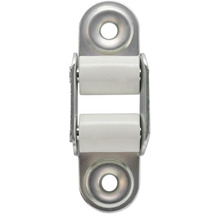 Doppelrollenschnäpper aus Metall mit weißen Kunststoffrollen und zwei Befestigungslöchern für Schranktüren.