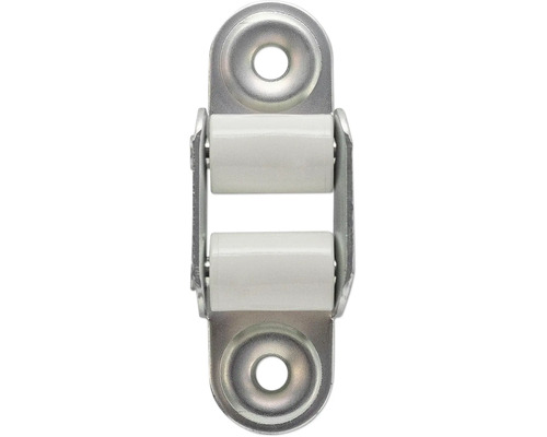 Doppelrollenschnäpper aus Metall mit weißen Kunststoffrollen und zwei Befestigungslöchern für Schranktüren.