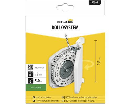 Schellenberg Schnurwickler Mini für Rollladen, 180 Grad schwenkbar, inklusive 5 Meter Schnur mit 5 Millimeter Durchmesser, Lochabstand 155 Millimeter.