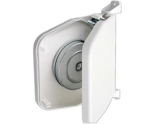Aufputz-Gurtwickler für Rollläden, geöffnetes Gehäuse mit Federdose aus Metall.