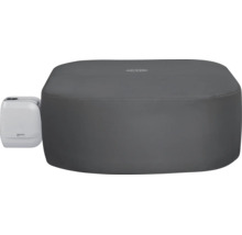 Aufblasbarer Whirlpool Lay-Z-Spa in quadratischer Form mit grauer Abdeckung und weißer Pumpe sowie Lay-Z-Spa Logo.
