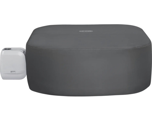 Aufblasbarer Whirlpool Lay-Z-Spa in quadratischer Form mit grauer Abdeckung und weißer Pumpe sowie Lay-Z-Spa Logo.