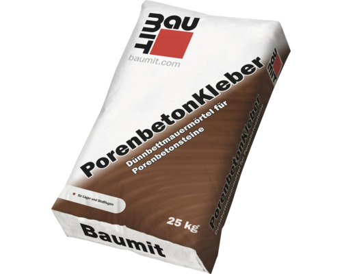Baumit PorenbetonKleber, 25 Kilogramm Dünnbettmauermörtel für Porenbetonsteine, geeignet für Lager- und Stoßfugen.