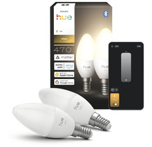 Zwei Philips Hue White E14 LED-Kerzenlampen inklusive Verpackung und Smartphone zur App-Steuerung, 470 Lumen.