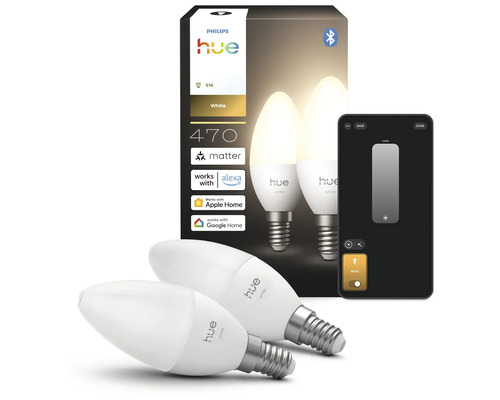 Zwei Philips Hue White E14 LED-Kerzenlampen inklusive Verpackung und Smartphone zur App-Steuerung, 470 Lumen.