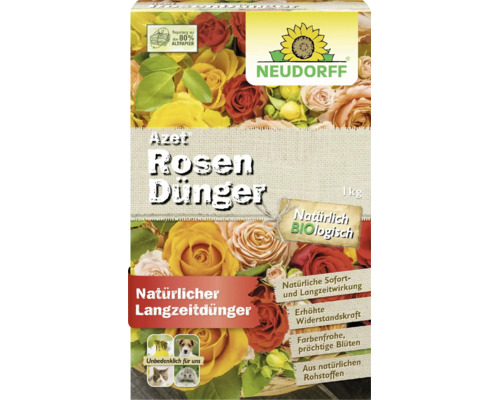 Neudorff Azet Rosendünger, 1 kg Packung, organischer Bio-Langzeitdünger für Rosen, unbedenklich für Tiere, Neudorff Logo.