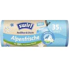 Swirl Logo, Müllbeutel Alpenfrische, 35 Liter, 9 Stück, reißfest und dicht, mit Bergluft-Duft, aus 100 Prozent recyceltem Plastik.