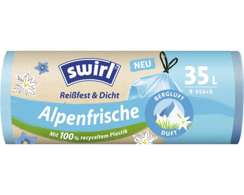 Swirl Logo, Müllbeutel Alpenfrische, 35 Liter, 9 Stück, reißfest und dicht, mit Bergluft-Duft, aus 100 Prozent recyceltem Plastik.