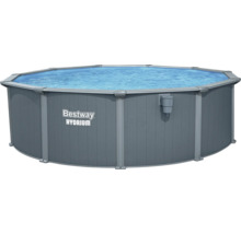 Bestway Hydrium runder Stahlwandpool mit grauer Außenwand in Holzoptik und integriertem Skimmer.