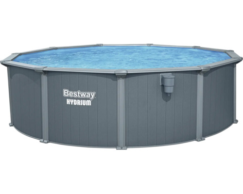 Bestway Hydrium runder Stahlwandpool mit grauer Außenwand in Holzoptik und integriertem Skimmer.