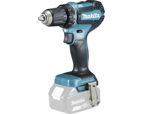 Makita Akku-Bohrschrauber 18 Volt LXT mit bürstenlosem Motor, Schnellspannbohrfutter und Gürtelclip in Blau und Schwarz.