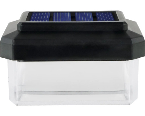 Solarbetriebene Außenleuchte mit schwarzer Oberseite inklusive Solarpanel und klarem Kunststoffgehäuse.