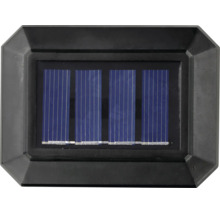 Rechteckiges Solarpanel mit schwarzem Rahmen und vier blauen Solarzellenstreifen.
