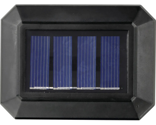 Rechteckiges Solarpanel mit schwarzem Rahmen und vier blauen Solarzellenstreifen.