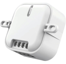 Weißes Unterputz-Schaltermodul aus Kunststoff für Smart Home Systeme mit vier Anschlussklemmen.
