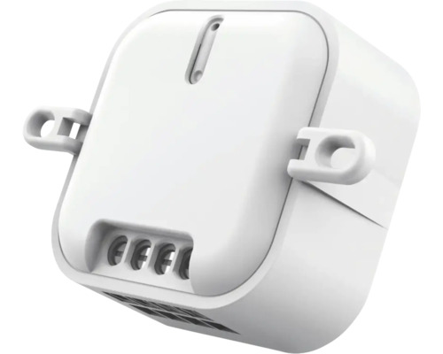 Weißes Unterputz-Schaltermodul aus Kunststoff für Smart Home Systeme mit vier Anschlussklemmen.