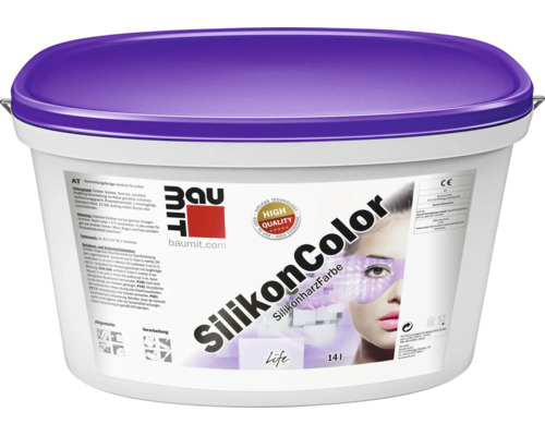 Baumit SilikonColor Silikonharzfarbe für außen in einem 14 Liter Eimer mit violettem Deckel.