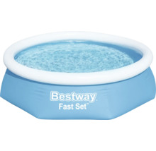 Aufblasbarer, blauer Bestway Fast Set Pool mit weißem Luftring.