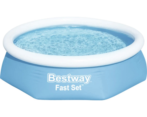 Aufblasbarer, blauer Bestway Fast Set Pool mit weißem Luftring.