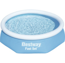 Rundes Bestway Fast Set Aufstellpool mit weißem aufblasbarem Ring, blauem Korpus und Wasserfüllung. Bestway Logo.