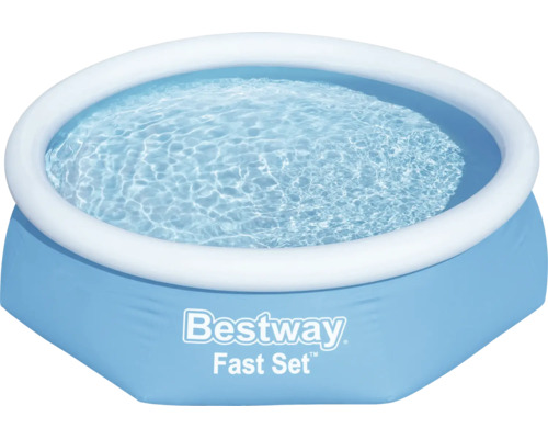 Rundes Bestway Fast Set Aufstellpool mit weißem aufblasbarem Ring, blauem Korpus und Wasserfüllung. Bestway Logo.