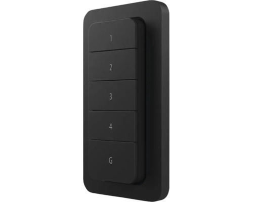 Schwarze Smart Home Fernbedienung aus Kunststoff mit fünf Tasten, beschriftet mit 1 bis 4 und G.