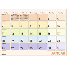Kalenderblatt für Jänner mit Wochentagen von Montag bis Sonntag, Anzeige der Kalenderwochen, kleinen Monatsübersichten und Platz für Notizen.