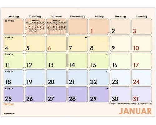 Kalenderblatt für Jänner mit Wochentagen von Montag bis Sonntag, Anzeige der Kalenderwochen, kleinen Monatsübersichten und Platz für Notizen.