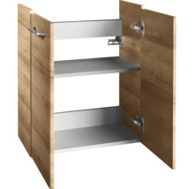 Unterschrank in Holzoptik mit zwei Auszügen und Metallgriff.