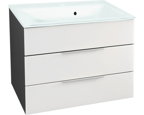 Waschtischunterschrank mit drei Schubladen und integriertem Waschbecken.
