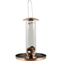 Vogelfutterstation aus Metall und Kunststoff in Kupfer-Optik mit Futtersilo und Auffangschale zum Aufhängen.