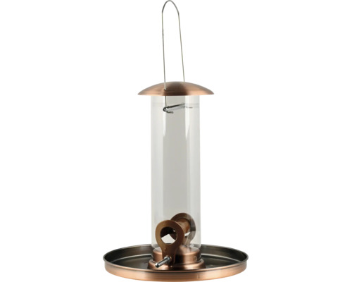 Vogelfutterstation aus Metall und Kunststoff in Kupfer-Optik mit Futtersilo und Auffangschale zum Aufhängen.