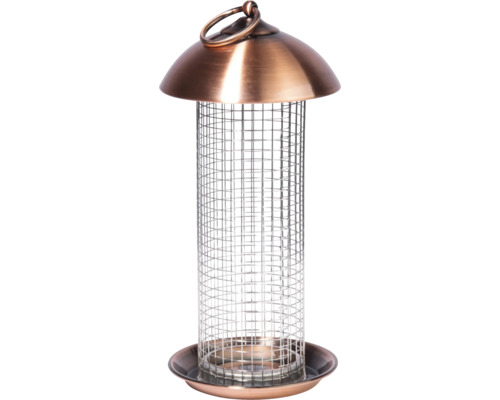 Futtersäule aus Metall mit kupferfarbenem Dach und Boden, engmaschiges Drahtgeflecht für Nüsse.