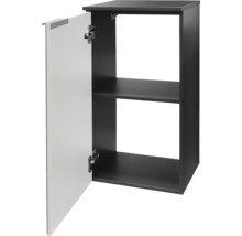 Dunkler Wandschrank mit weißer, geöffneter Tür, zwei Fächern und einem Einlegeboden.