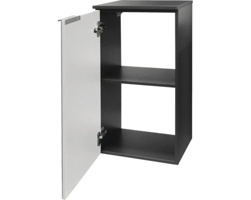 Dunkler Wandschrank mit weißer, geöffneter Tür, zwei Fächern und einem Einlegeboden.