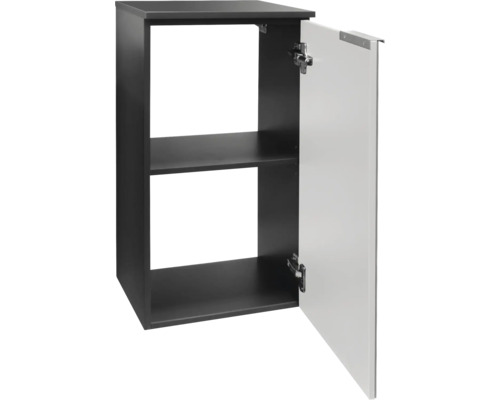 Hängeschrank mit einem Fachboden und geöffneter Tür, Korpus Anthrazit, Front Weiß.