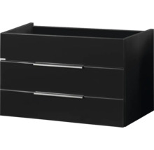 Waschbeckenunterschrank mit zwei Laden und silberfarbenen Griffleisten in Schwarz.